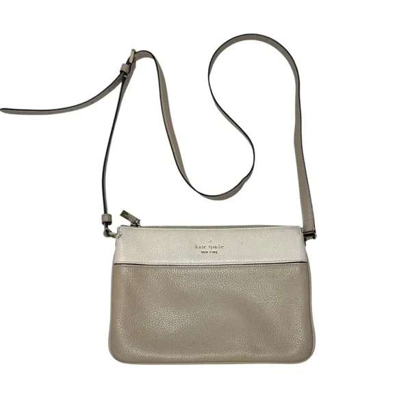 Kate Spade Leila Triple Gusset Two Toned Beige and Cream Pebbled Crossbody Bag - Picture 1 of 12